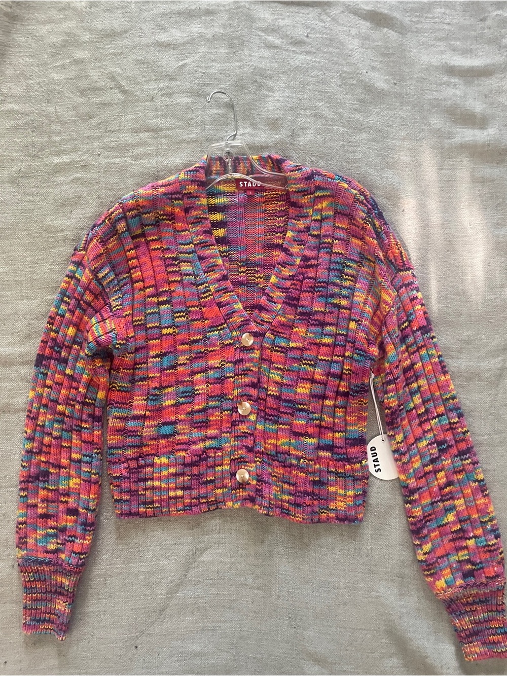 STAUD Pink Multicolor V-Neck Button Cardigan